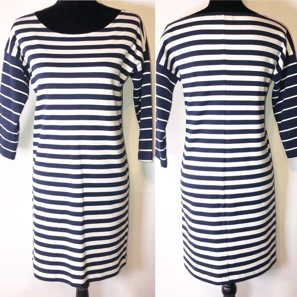 ❤️5/$25 J. Crew Scoop Neck Sweater Dress Navy Blue & White - Picture 4 of 10